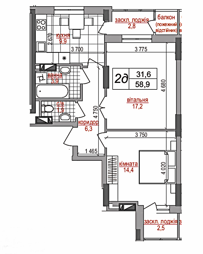 ЖК West House на Кустанайской вариант планировки двухкомнатной квартиры