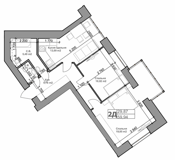 ЖК Родной в Гатном планировка двухкомнатной квартиры