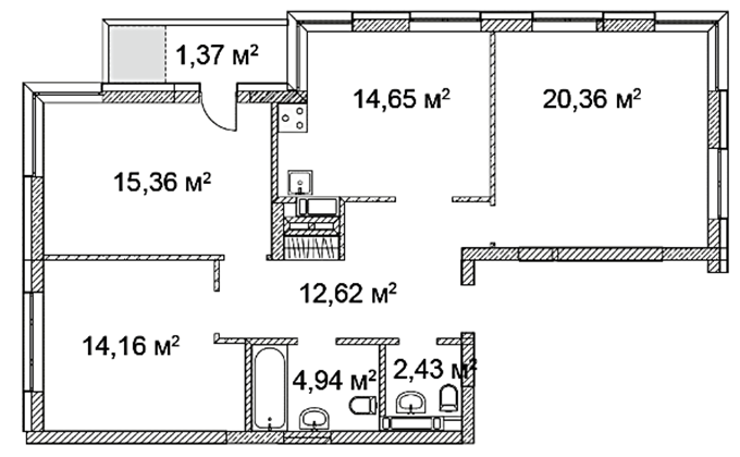 ЖК Квартал Аллей вариант планировки трехкомнатной квартиры