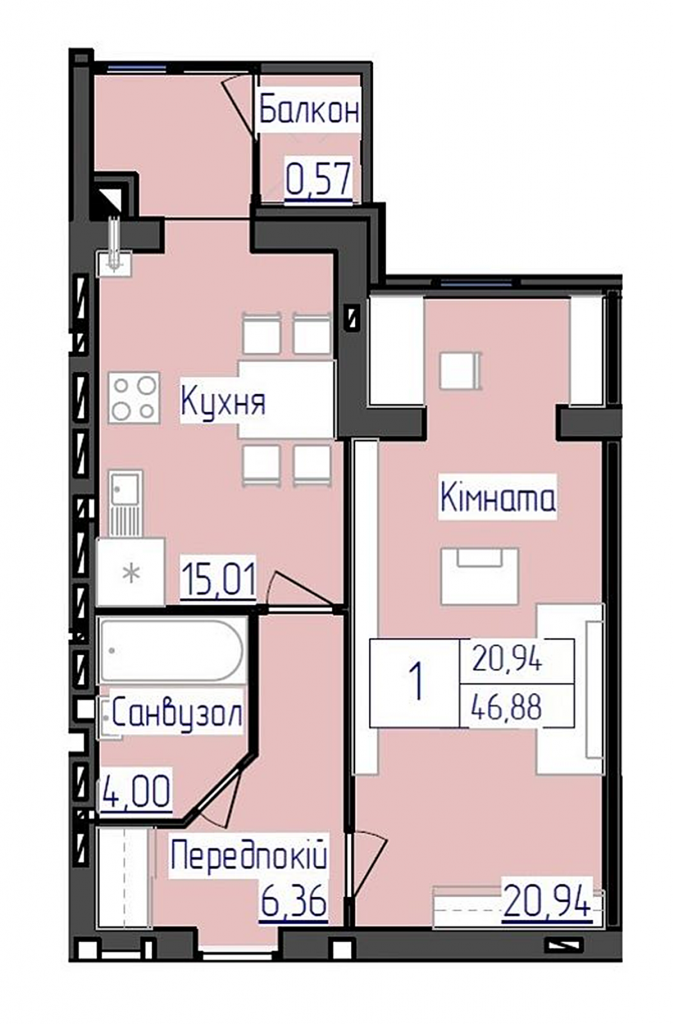 ЖК Гринландия в Глевахе планировкаоднокомнатной квартиры