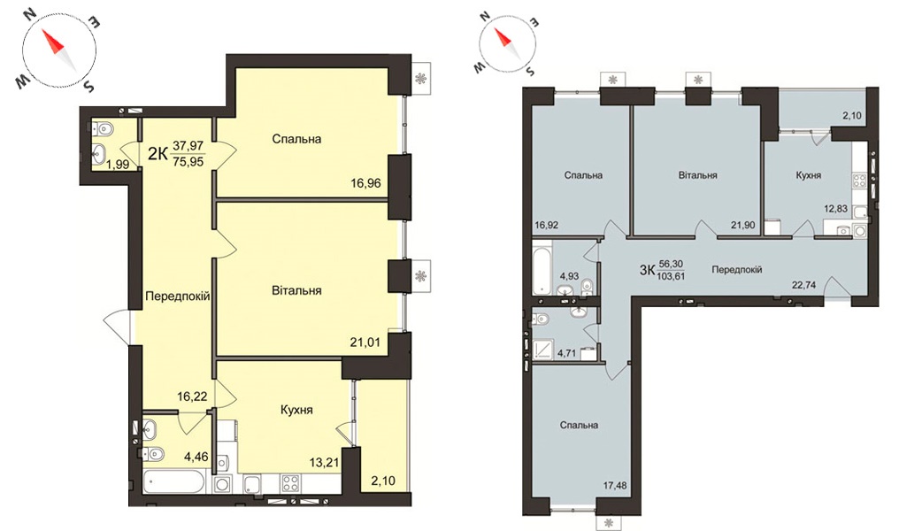 Жилой дом 2 в Борисполе планировки двухкомнатной и трехкомнатной квартир