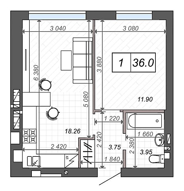 ЖК Новые метры Клаб в Ирпене планировка однокомнатной квартиры
