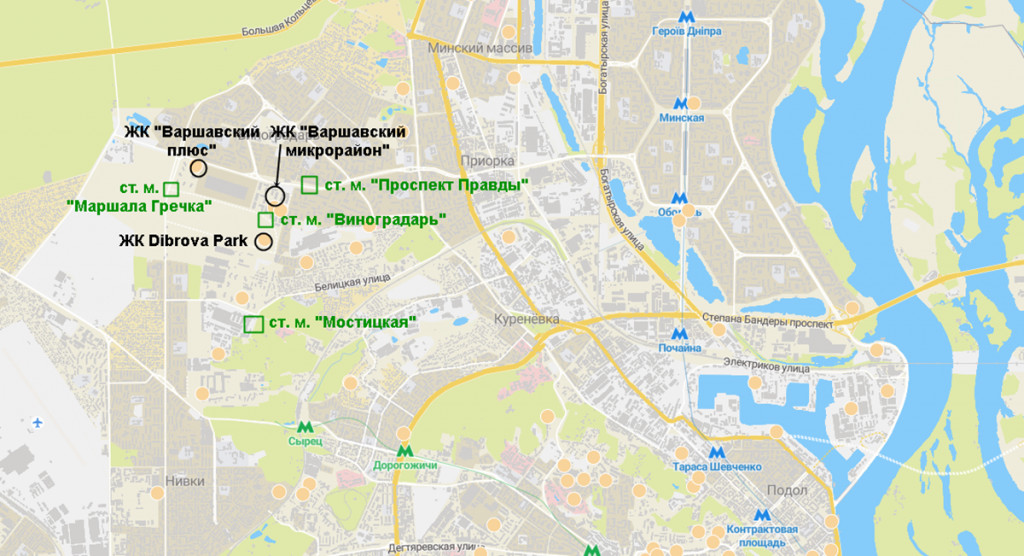 Новостройки на схеме будущей зеленой ветки метро нового Генплана Киева
