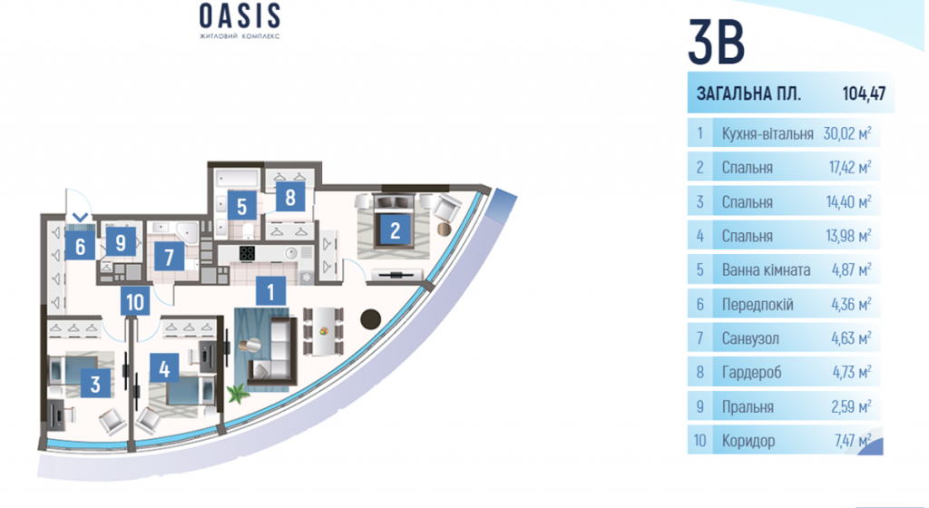 ЖК Oasis планировка трехкомнатной квартиры