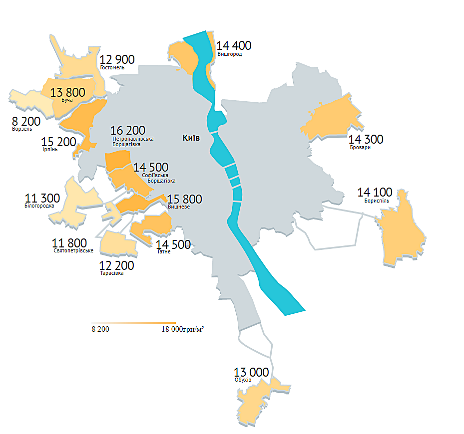 Средняя стоимость за квадратный метр в пригороде Киева, апрель 2020 года