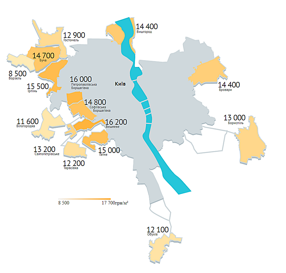 Средняя стоимость за квадратный метр в пригороде Киева, май 2020 года