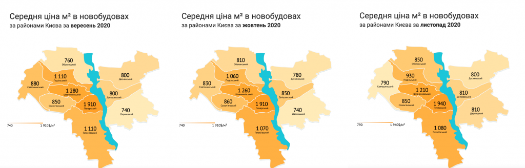 Средняя стоимость квадратного метра по районам Киева