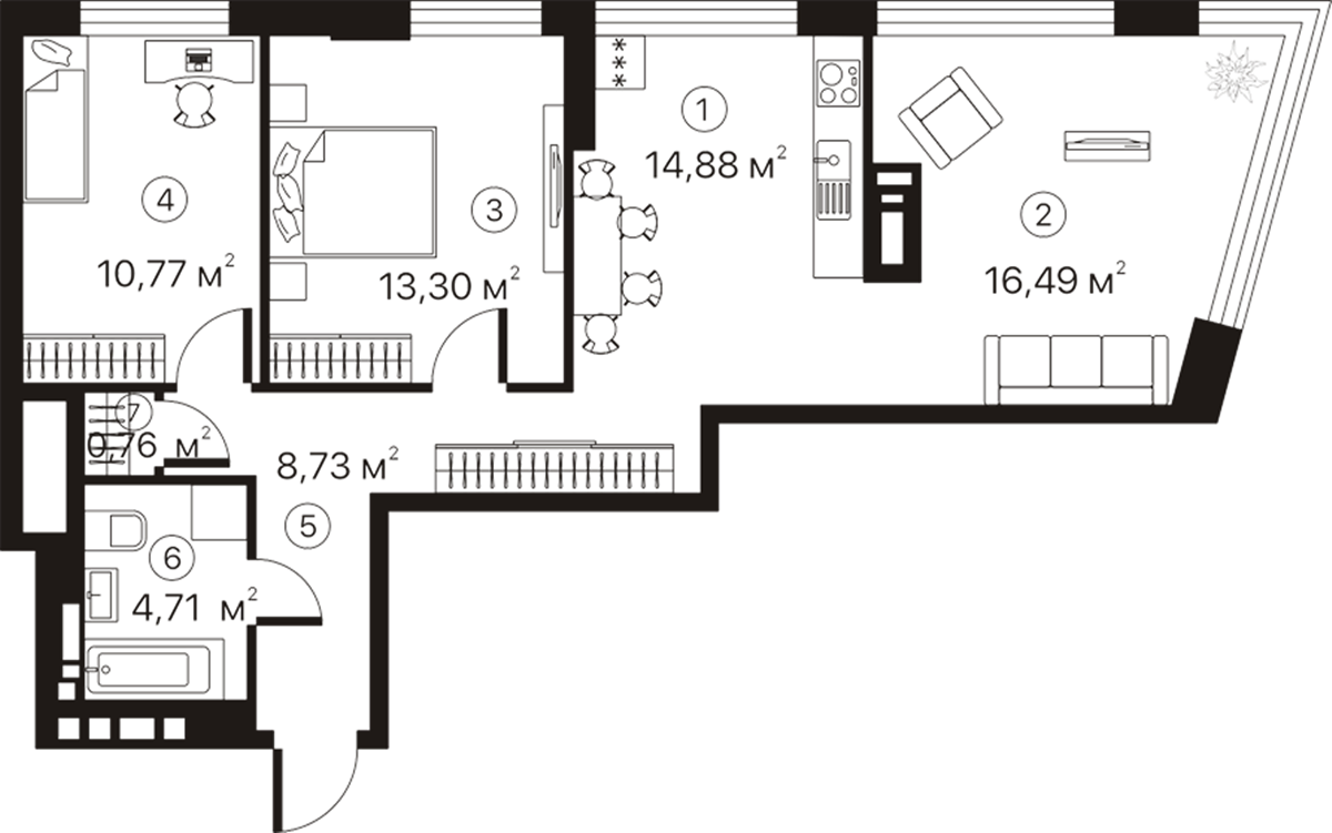 ЖК Terracotta пример планировки трехкомнатной квартиры