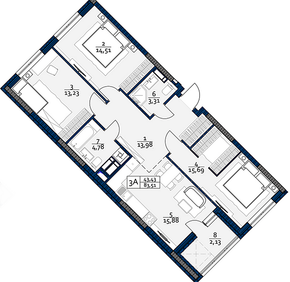 ЖК POLARIS Home&Plaza планировка трехкомнатной квартиры