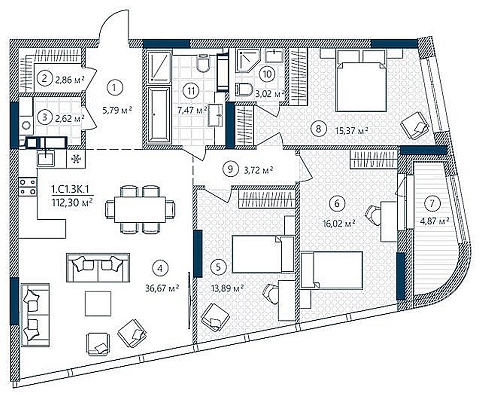 ЖК Rusaniv Residence пример планировки трехкомнатной квартиры