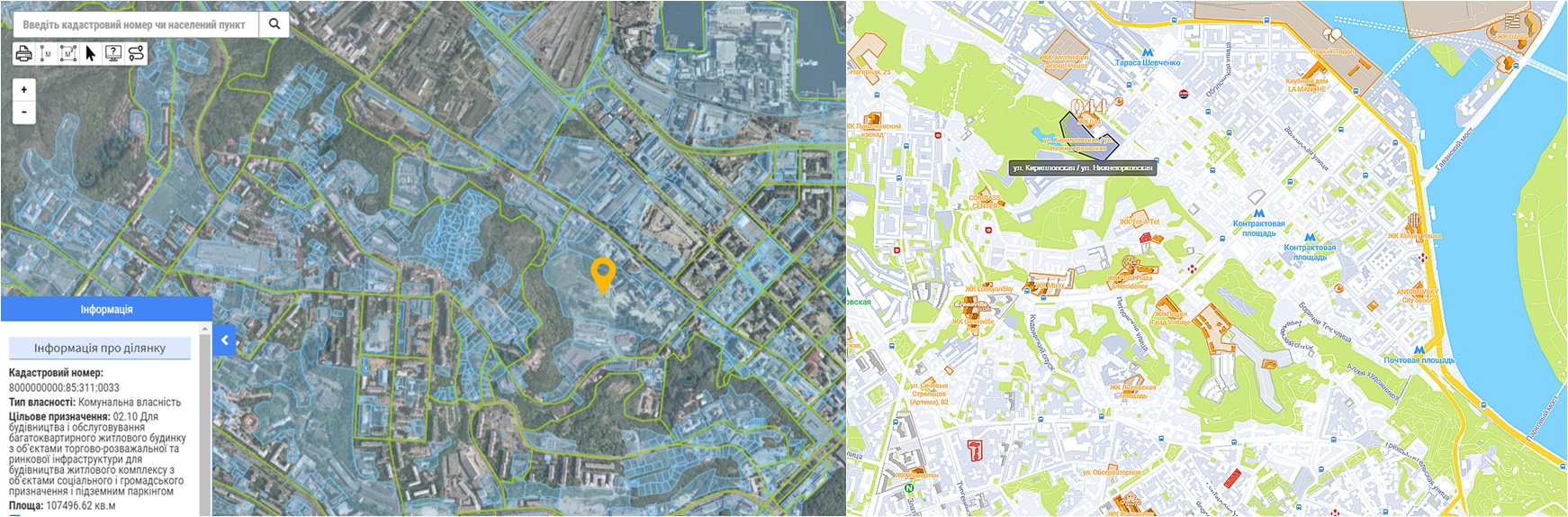 Проект ЖК между улицами Кирилловская и Нижнеюрковская данные кадастра и на карте