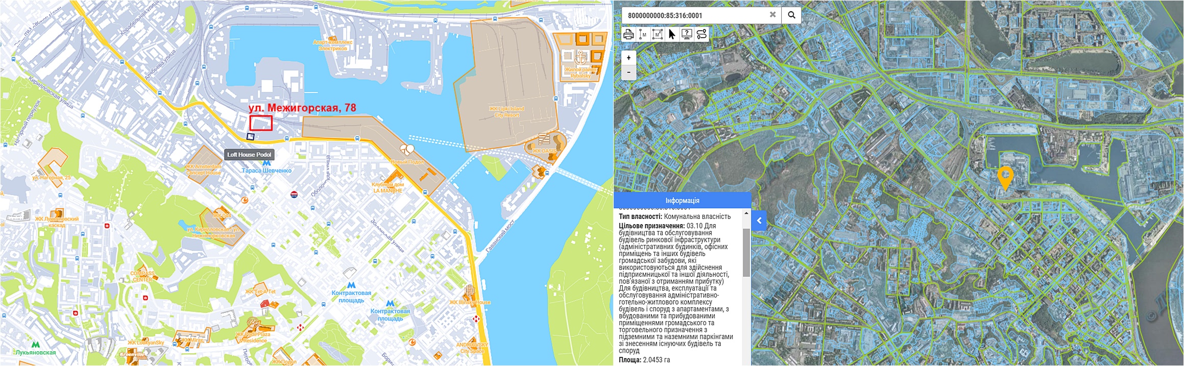 Проект реконструкции по ул. Межигорская, 78 данные кадастра и на карте
