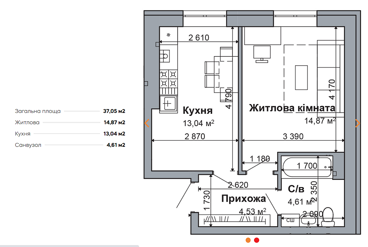 ЖК Родной-2 вариант планировки однокомнатной квартиры
