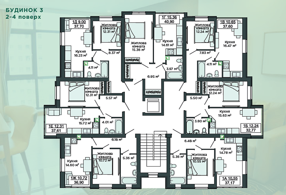 ЖК O`Club план типового этажа в доме 3