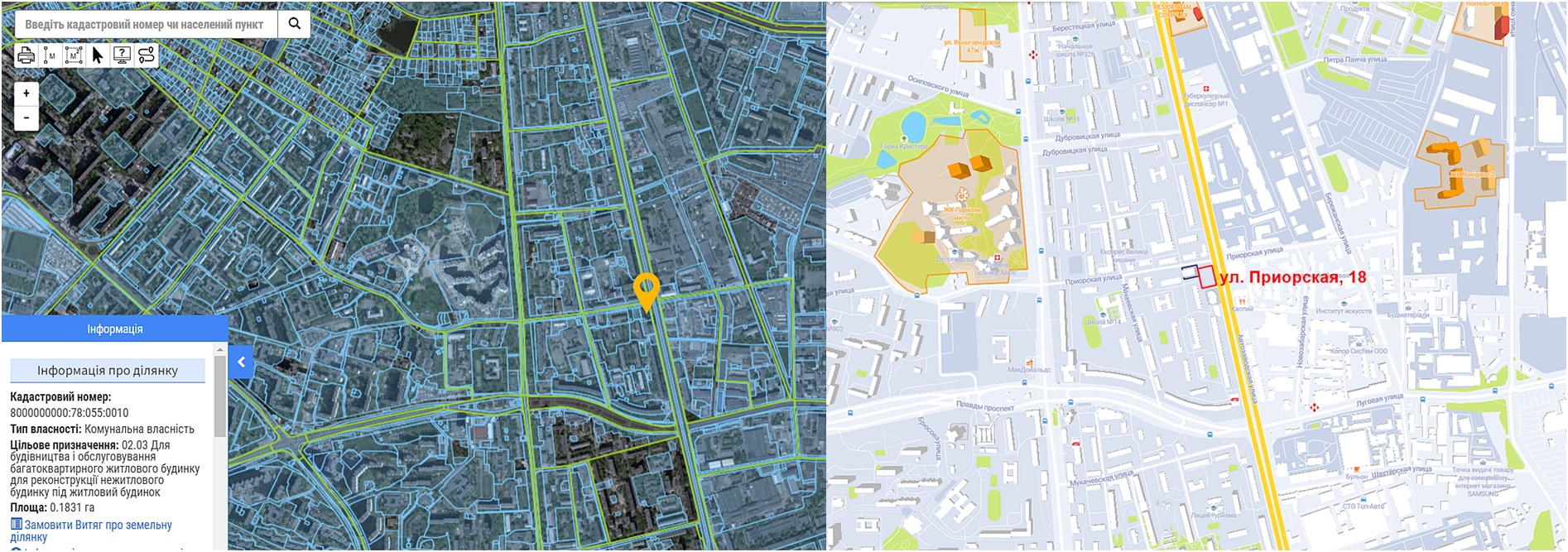 Реконструкция по ул. Приорская, 18 данные кадастра и на карте
