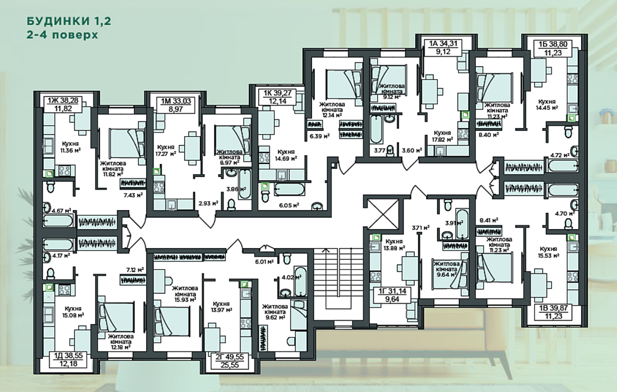 Клубная Резиденция O'Club план типового этажа в домах 1 и 2