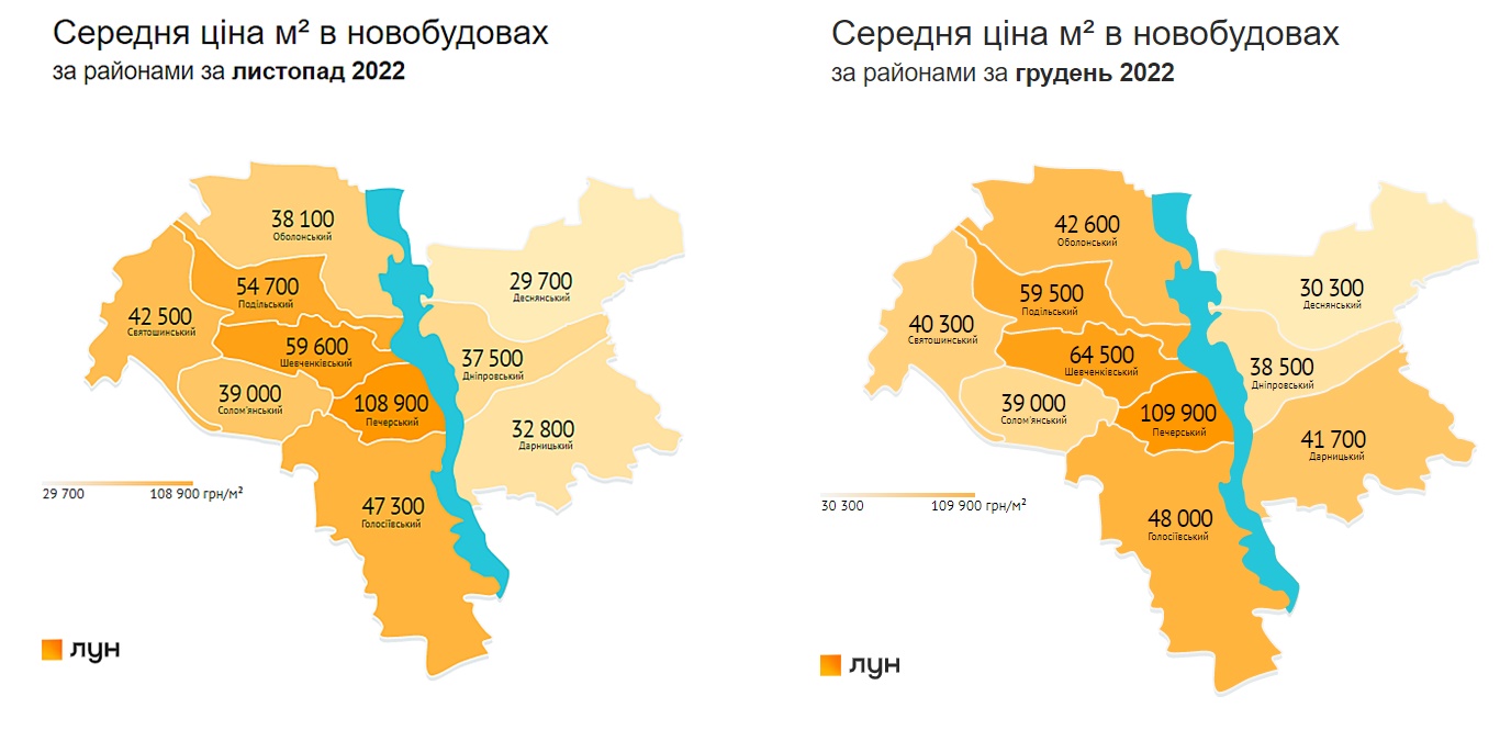 Середні ціни за метр квадратний у новобудовах Києва за районами